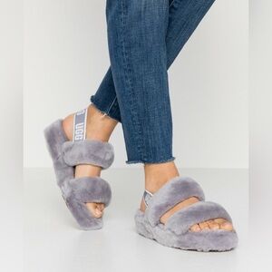 UGG Oh Yeah Fluffy Gray Slide Sandals Size 6
